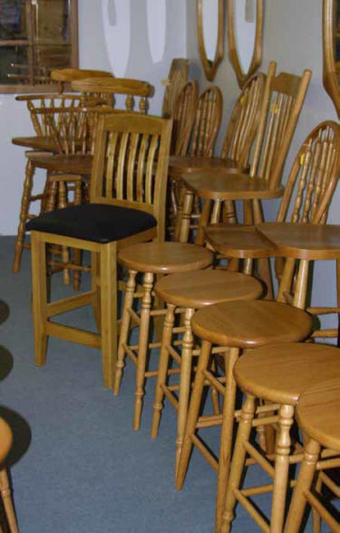 Oak bar stools, pine bar stools, maple bar stools, handcrafted wooden Mennonite bar stools, Lloyd's Furniture Bradford and our new store in Schomberg Ontario.