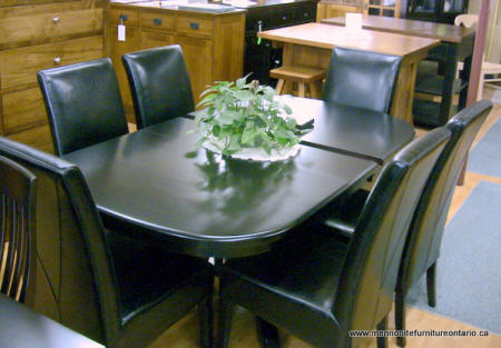 Maple Cairo table, Maple Cairo dining room table, shown 42 x 60 with 2 12 inch leafs, 6 Parsons chairs, Lloyd's Mennonite Furniture Bradford Ontario.